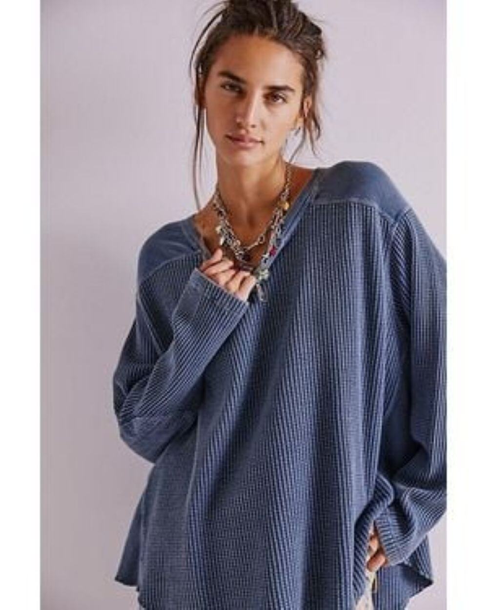 Free People FP One Blake Thermal Top Womens XS Blue Waffle Knit Elbow Patch Boxy